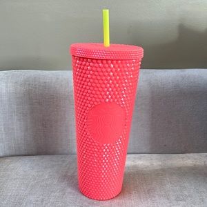 Coral Starbucks cup with neon straw SKU 011132647 new with tags 2022 release